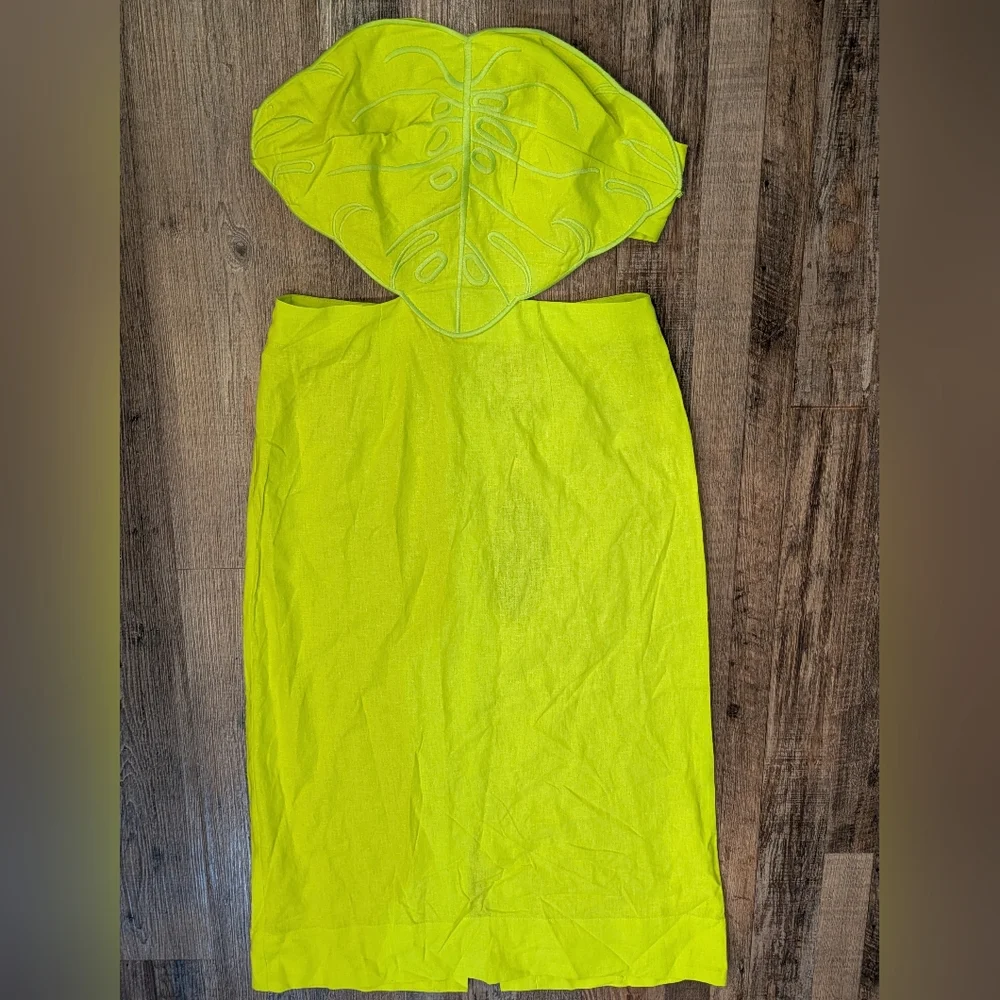 NWT Farm Rio Lime Green Monstera Midi Linen Viscose Blend Dress Size Medium - Picture 2 of 14